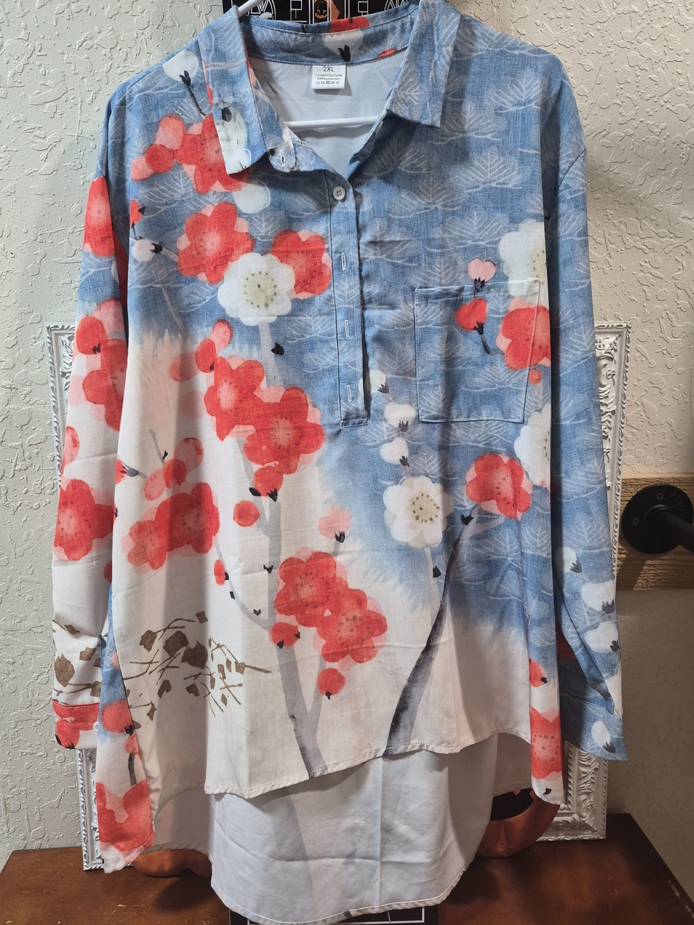 Lightweight Floral Popover Tunic - Blue & Red